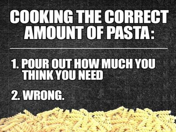 Cooking The Correct Amount Of Pasta 1. Pour Out How Much You Think You Need 2. Wrong.