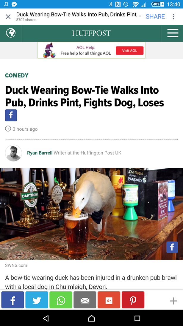 duck wearing bow tie walks into pub - N O Duck Wearing Bow Tie Walks Into Pub, Drinks Pint. Huffpost 5 Nol H Free help for a Nings Aol Viral Comedy Duck Wearing Bow Tie Walks Into Pub, Drinks Pint, Fights Dog, Loses 3 hours ago Ryan Burrell Write at the W
