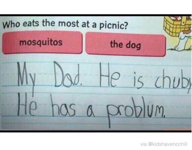 writing - Who eats the most at a picnic? mosquitos the dog My Dad. He is chub He has a problum. via