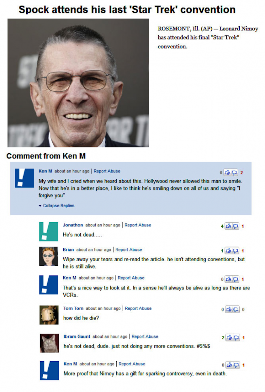 ken m leonard nimoy - Spock attends his last 'Star Trek' convention Rosemont Ap Leonard Nimoy has attended his final "Star Trek Comment from Ken M en M oth 2 My wife and I cried when we heard about the Hollywood worked this man to make Now that he's inatt