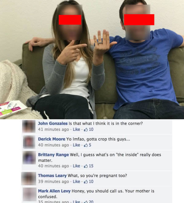 Woman posts engagement photo on Facebook and accidentally reveals the reason behind it...Miranda Levy posted news of her engagement on Facebook, saying she was "truly blessed" to announce that she was marrying "the love of [her] life." She went on to explain how she doesn't have a real ring yet, but knows she and her husband-to-be will be happy together "regardless of material things." The accompanying photograph revealed a bigger piece of news—a pregnancy test. As a result, her post went viral
