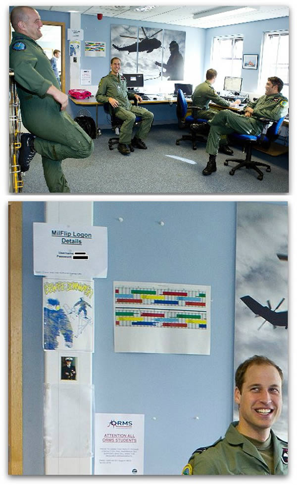 Prince William's photo reveals UK Defense Ministry passwords
...The photos, published on the website the 30-year-old prince shares with his wife Catherine, had aimed to provide a glimpse into his life as a search and rescue pilot with the Royal Air Force (RAF)—but revealed much more.

"Due to administrative oversight, these photographs were not properly cleared at RAF Valley, and the images showed unclassified MoD user names, passwords and computer screens on a restricted system," a ministry spokesman said. "The passwords and user names shown have now been reset as a precaution, and we are satisfied the images do not contravene security regulations.”