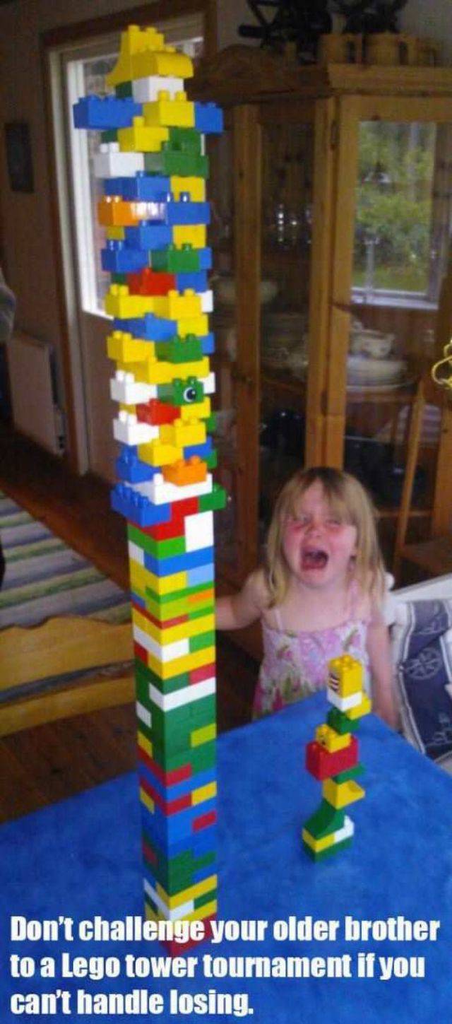 lego tower contest - Don't challenge your older brother to a Lego tower tournament if you can't handle losing.