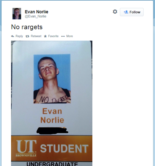 poster - Evan Norlie 2 No rargets to Retweet Favorite ... More No D.Crer Evan Norlie Ut Student Brownsville Undergraduate