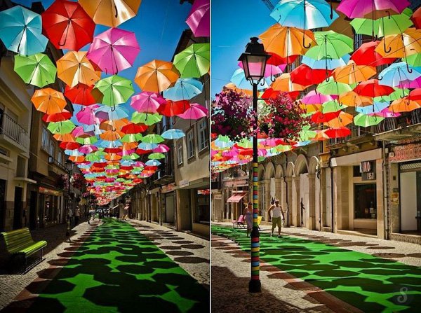 Portugal : Agueda’s colorful Umbrellas In the town of Agueda, Portugal, umbrellas of different colors are in suspension in the shopping streets...
