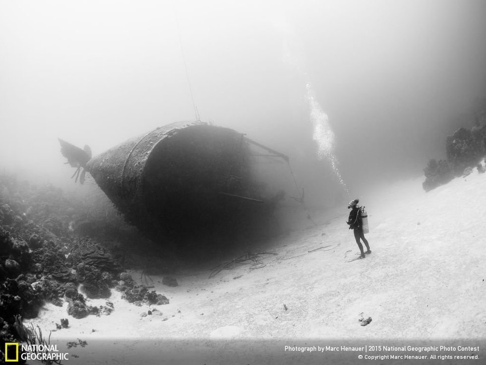 The boat will not leave...The photographer, Marc Henauer, says: "A diver stands up front of the Hilma Hooker wreck. He looks at this boat and seems to think it will never go away... The Hilma Hooker is a 200ft boat wreck. It rests in 100ft of water in the Caribbean Sea in Bonaire Island (a famous destination for scubadiving)."