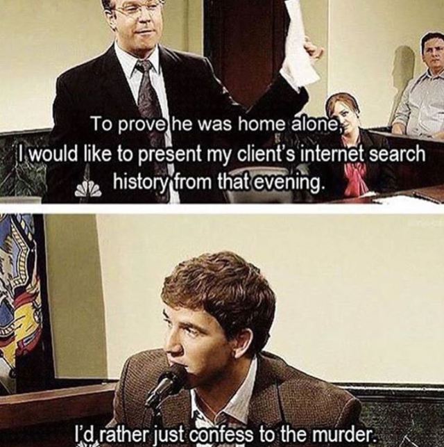 internet history meme - To prove he was home alone, I would to present my client's internet search de history from that evening. I'd rather just confess to the murder.