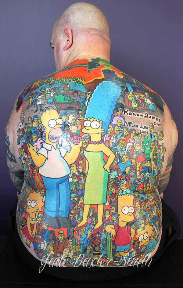 The man who holds the record for most tattoos from the same series for his Simpson's back piece.After much media speculation, Guinness World Records can officially confirm that Australian Michael Baxter holds the record for the "Most tattoos of characters from a single animated series