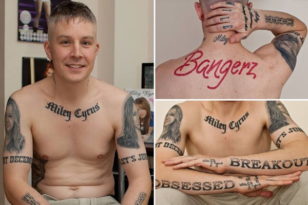 The hardcore Miley Cyrus fan who has 29 tattoos of singer.Once upon a time there was a 42-year-old man named Carl McCoid. His wife had just divorced him, but he still had something better than matrimony to hold on to—his obsession with Miley Cyrus.To show his admiration for the singer, McCoid christened one of his daughters "Miley." Following his divorce, he went even further, emblazoning himself with 29 different Cyrus tattoos (including three full portraits). The art cost him nearly $5,000.McCoid has always taken great pride in his tattoos, and the media attention they've received. But he now says he has had a change of heart after Miley branded his tattoos 'ugly' and 'creepy' during interviews
