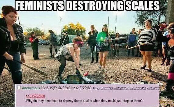 feminists destroying scales - Feminists Destroying Scales Anonymous 051515Fri00 No 615722980 > >>615723249 >>619723916 22615723499 >>6187239 >>615722600 Why do they need bats to destroy those scales when they could just step on them?