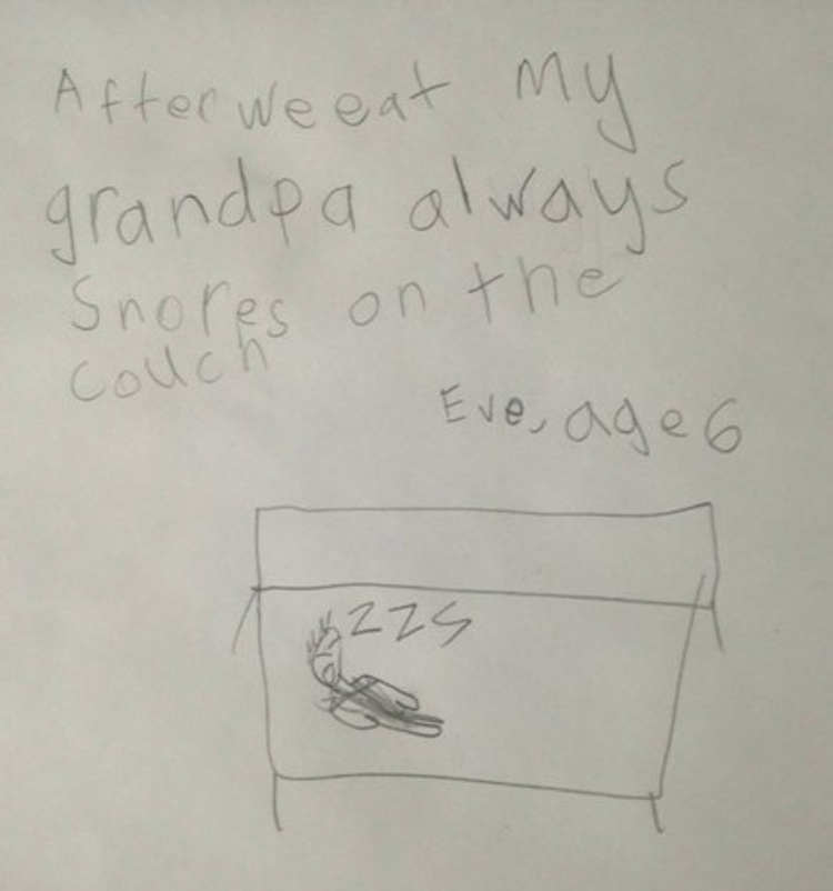 handwriting - After we eat my grandpa always Snores on the couch Eve, age 6 425