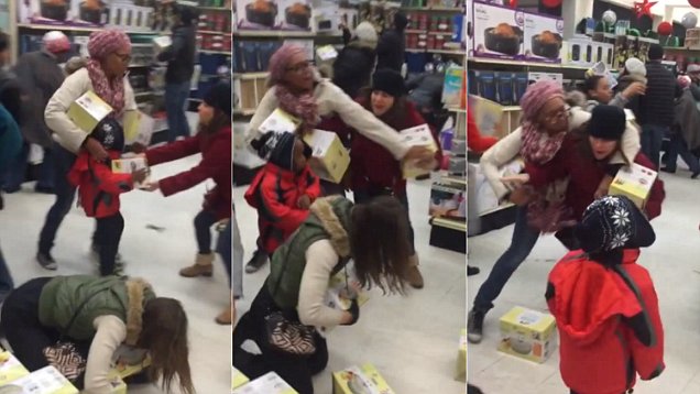 Footage has emerged of a desperate Black Friday sales customer callously ripping a vegetable steamer from the hands of a small child.

The video was uploaded to YouTube with the caption: ‘I’m posting anonymous because I don’t want 2b fired, but I work at this store in Saginaw and this lady stole a veggie steamer from a KID on black Friday! Shame.’