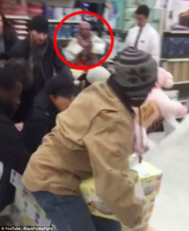 YouTube user ‘spaceye’ pointed out that the woman with the child are already in the store when the doors open – boxes in hand.The commenter also questions why the ‘thief’ would grab a box from the child when there are plenty next to her, unclaimed.But perhaps the best evidence that the video was staged was offered by Cromus, who said: ‘They're fighting over a vegetable steamer.
‘Let that sink in for a minute.’STAGED!!!