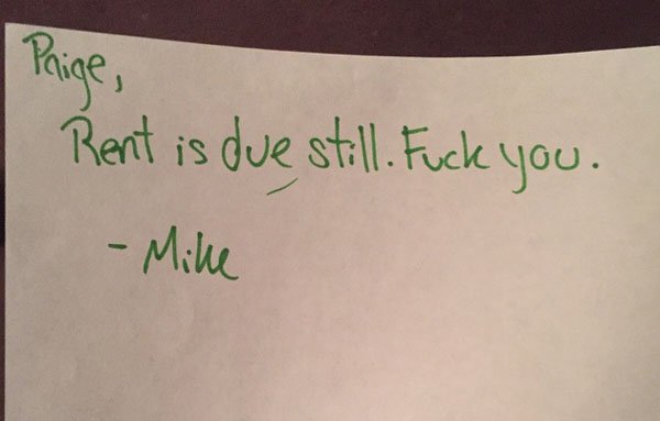 handwriting - Rent is due still. Fuck you. Mike