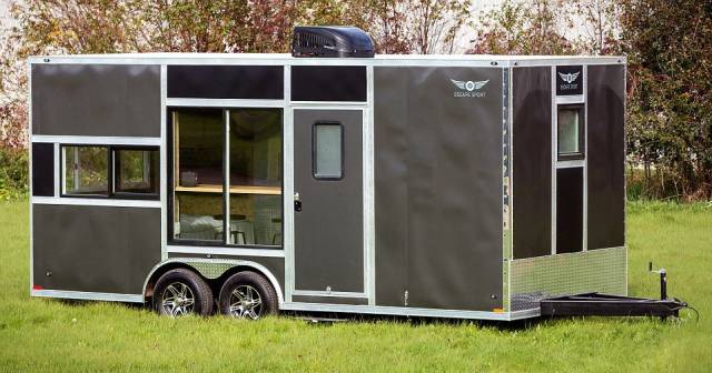 The 170 square-foot tiny home RV can sleep up to 4 people, features a green, renewable design that incorporates a hand welded steel frame, maintenance free seamless aluminum siding, diamond plate cabinets, weather resistant wood, tough sport floor, and even offers an optional hand crafted metal shower.