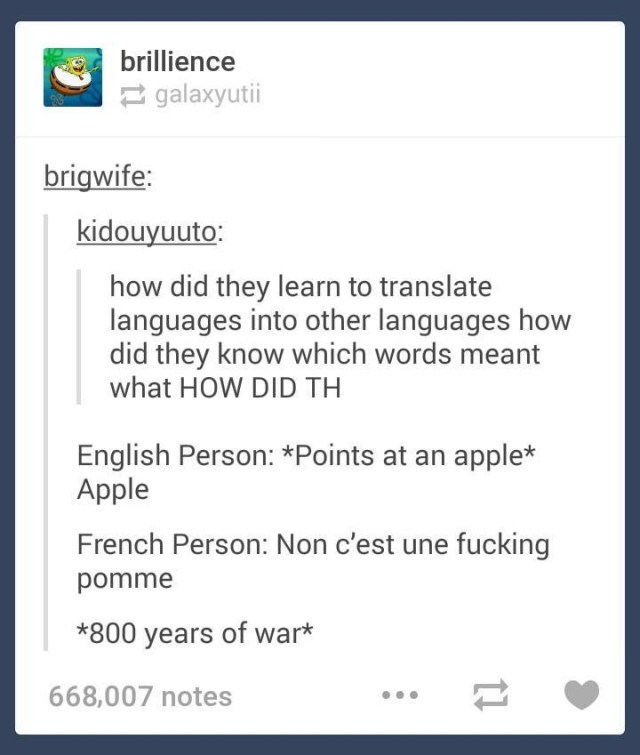 web page - Ps brillience galaxyutii brigwife kidouyuuto how did they learn to translate languages into other languages how did they know which words meant what How Did Th English Person Points at an apple Apple French Person Non c'est une fucking pomme 80