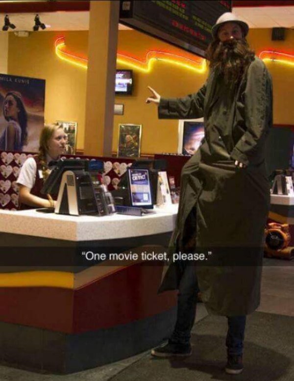 two kids in a trench coat - "One movie ticket, please."