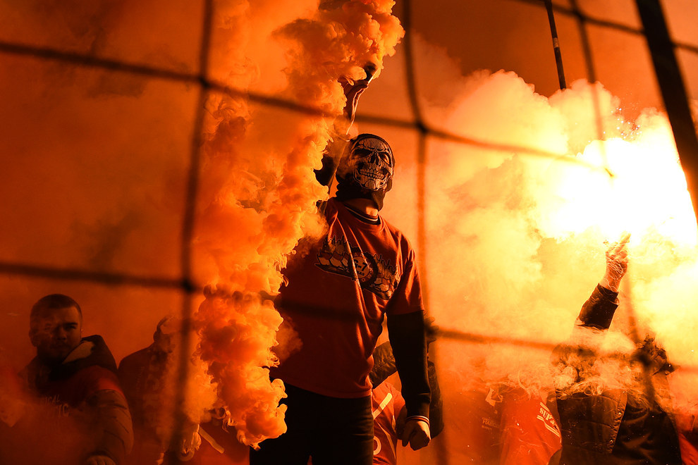 FC Spartak Moscow fans light flares during the Russian Premier League match between FC Spartak Moscow and FC Krylia Sovetov Samara.