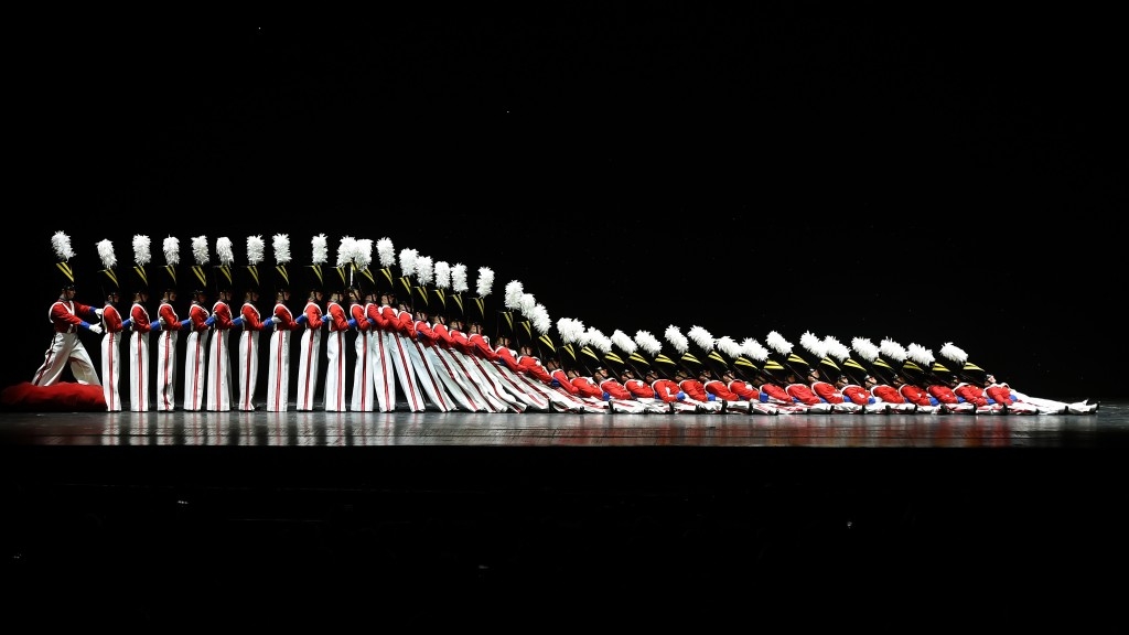 The Rockettes tumble down in the 'Parade of the Wooden Soldiers' during the 2015 Radio City Christmas Spectacular.