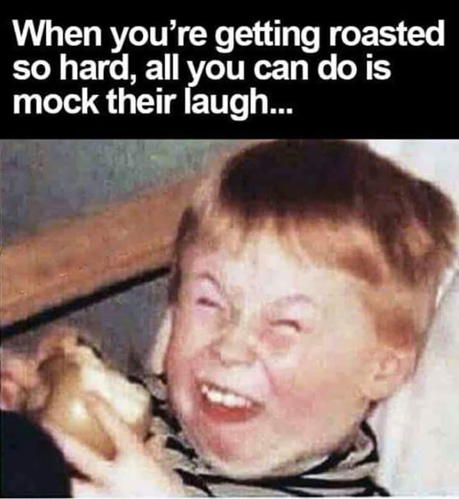 you mock their laugh - When you're getting roasted so hard, all you can do is mock their laugh...
