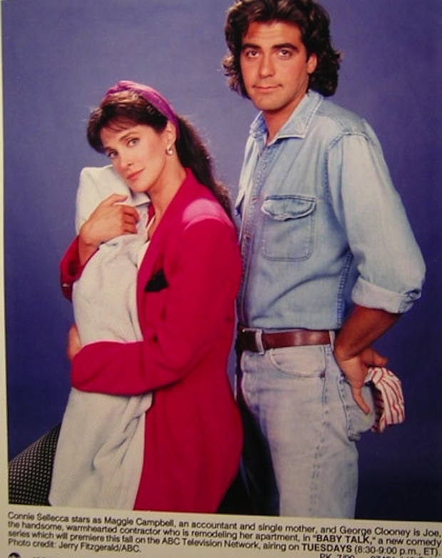 George Clooney wearing a Canadian tuxedo and Connie Sellecca holding a baby (or giant loaf of bread) that’s about four times too big: