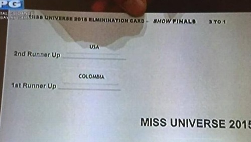 As you can see here on the official card. Miss USA was the 2nd runner up, Miss Colombia was the 1st. Leaving Miss Philippines the winner of the crown.