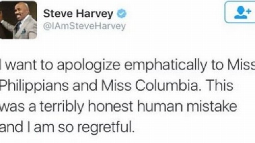 Moments later @IamSteveHarvey tweeted “I want to apologize empatically to Miss Philippines and Miss Colombia. This was a terribly honest human mistake and I am so regretful.”