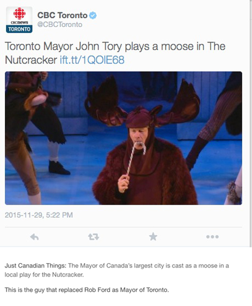 tumblr - funny tumblr canada - Cbc Toronto Toronto Toronto Mayor John Tory plays a moose in The Nutcracker ift.tt1QOIE68 , Just Canadian Things The Mayor of Canada's largest city is cast as a moose in a local play for the Nutcracker. This is the guy that 
