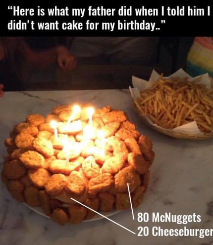 birthday nuggets - "Here is what my father did when I told him ! didn't want cake for my birthday.." 180 McNuggets 20 Cheeseburger
