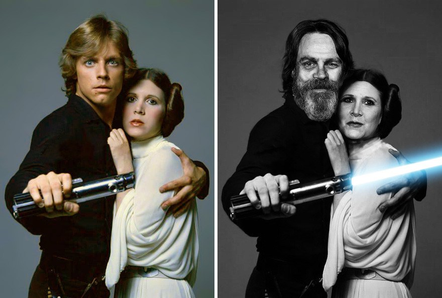 #3. Mark Hamill and Carrie Fisher as Luke Skywalker and Princess Leia, 1977 and 2015.