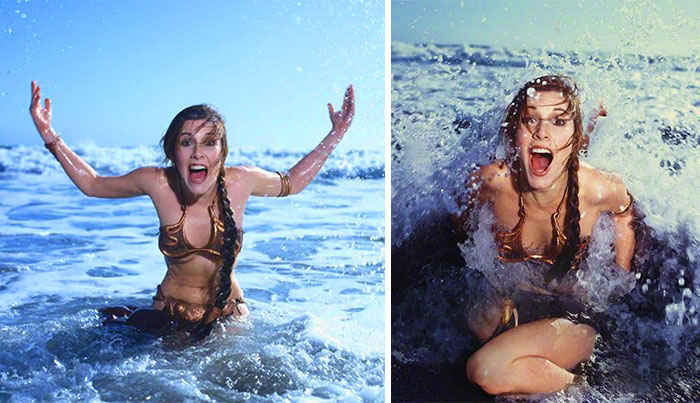 Carrie Fisher and Princess Leia, 1980 and 2015