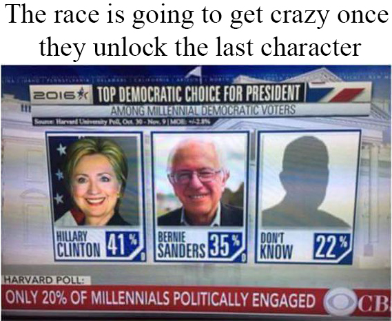 you haven t unlocked meme - The race is going to get crazy once they unlock the last character 2016 Top Democratic Choice For President Among Millennial Democratic Voters Some Harvard University Ok 30. Nos. 9 Mor 2 Emton 41 Sanders 35 Row 223 Harvard Poll