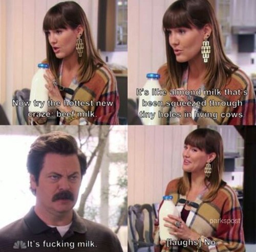 random pic parks and rec milk - E33 Now by the hottest new craze beef milk. It's almond milk that's been squeezed through tiny holes in living cows. parkspost It's fucking milk. laughs No