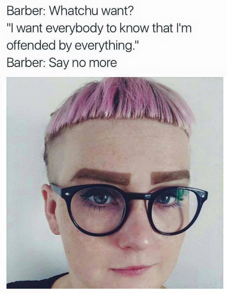 random pic barber say no more meme - Barber Whatchu want? "I want everybody to know that I'm offended by everything." Barber Say no more