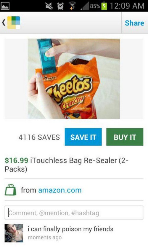 web page - 85% meetos Crunchy 4116 Saves Save It Buy It $16.99 iTouchless Bag ReSealer 2 Packs from amazon.com ent, , i can finally poison my friends moments ago