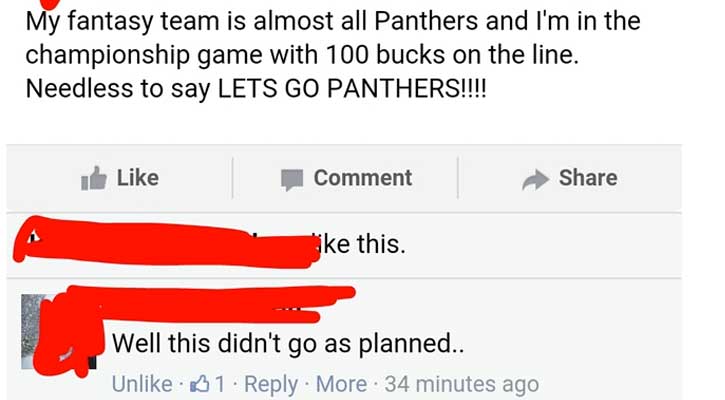diagram - My fantasy team is almost all Panthers and I'm in the championship game with 100 bucks on the line. Needless to say Lets Go Panthers!!!! I Comment ike this. Well this didn't go as planned.. Un 1 More . 34 minutes ago