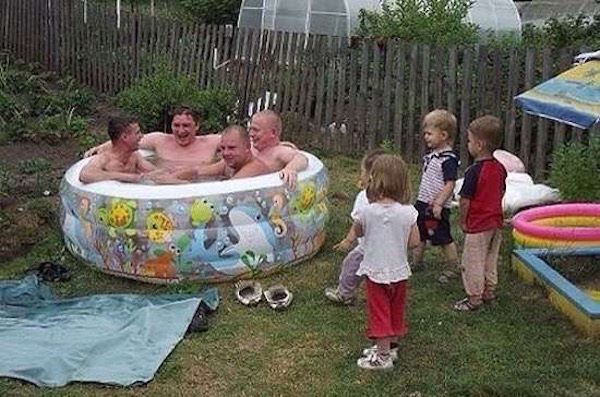 grown men in kiddie pool