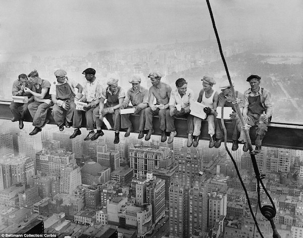 Lunch atop a skyscraper (1932)...In 2012, on the 80th anniversary of the photo called Lunch atop a skyscraper — where 11 steel workers are sitting fearlessly having lunch on an 8" girder 850 feet above Manhattan — it was reported that the shot was a publicity stunt.The photo's mass appeal has always been in the men's calm demeanors, as they casually eat sandwiches and smoke cigarettes high above the city on what was the steel frame of 30 Rockefeller Center.
Corbis photo historian Ken Johnston says the shot was staged and probably not taken by famed photographer Charles C. Ebbets. “The image was a publicity effort by Rockefeller Center. It seems pretty clear they were real workers, but the event was organized with a number of photographers.”