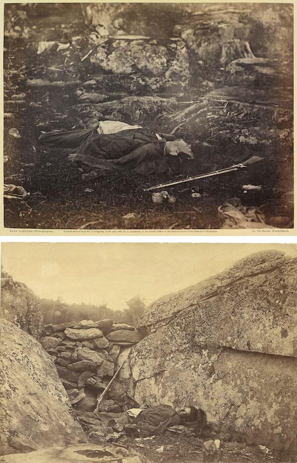 A Sharpshooter's Last Sleep/The Home of a Rebel Sharpshooter (1865)...U.S. Civil War photographer Alexander Gardner took a series of photographs showing the aftermath of the Battle of Gettysburg, which were published in Gardner's Photographic Sketch Book of the Civil War in 1865. Almost 100 years later, Frederic Ray, art director of the Civil War Times, noticed that two of the photographs in taken in different locations on the battlefield appeared to show the same corpse. In "A Sharpshooter's Last Sleep" (top photo), a Confederate soldier's body lay on the southern slope of Devil's Den.
But in another image, "The Home of a Rebel Sharpshooter" (bottom), the body had moved forty yards to a rocky niche. Apparently, Gardner had moved the soldier's corpse to the rocky outcropping for the sake of creating a more dramatic image and turned his head to face the camera.And the gun? It's not a sharpshooter's rifle. It was a prop, placed there by Gardner.
