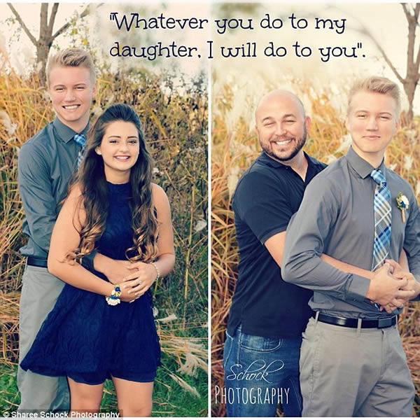 One 15-year-old Wisconsin teenager's homecoming picture is going viral, but it's her dad that's getting all the attention. Ricarra Schock was having a pre-dance photo session with her boyfriend when her father Benjamin decided to get in on the fun. However, it wasn't his daughter that Benjamin wanted a picture with. The funny father stood behind Ricarra's date as they clasped hands, mimicking the pose the couple had just struck for the camera. Ricarra's mom, Sharee, a professional photographer, was behind the camera and knew she had to share the moment that had everyone laughing before the dance.