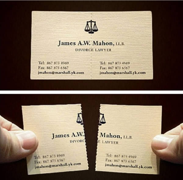 7 Tearable Business Card...The concept of this business card is simple yet brilliant — it can be split, just like a marriage