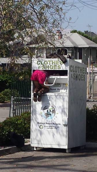 random pic woman stuck in donation bin - Glotoes Clothesale Reduce Rouse Recycle