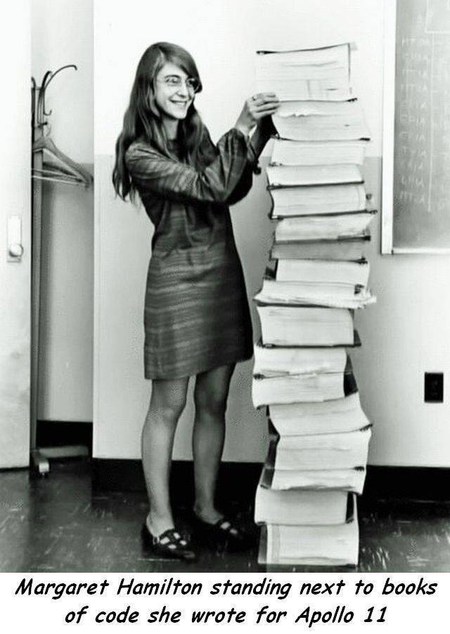 random pic science woman - Margaret Hamilton standing next to books of code she wrote for Apollo 11