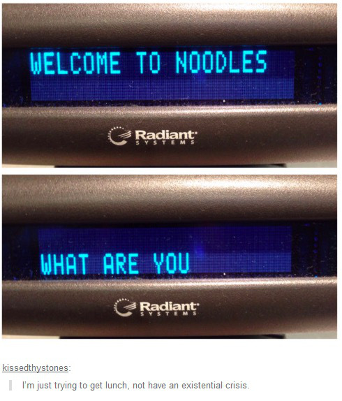 tumblr - electronics - Welcome To Noodles Radiant What Are You C Radiant kissedthystones I'm just trying to get lunch, not have an existential crisis.