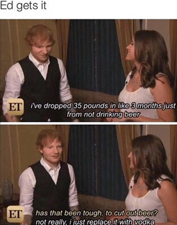 drunk ed sheeran diet - Ed gets it Et i've dropped 35 pounds in 3 months just from not drinking beer Et has that been tough, to cut out beer not really, i just replace it with vodka