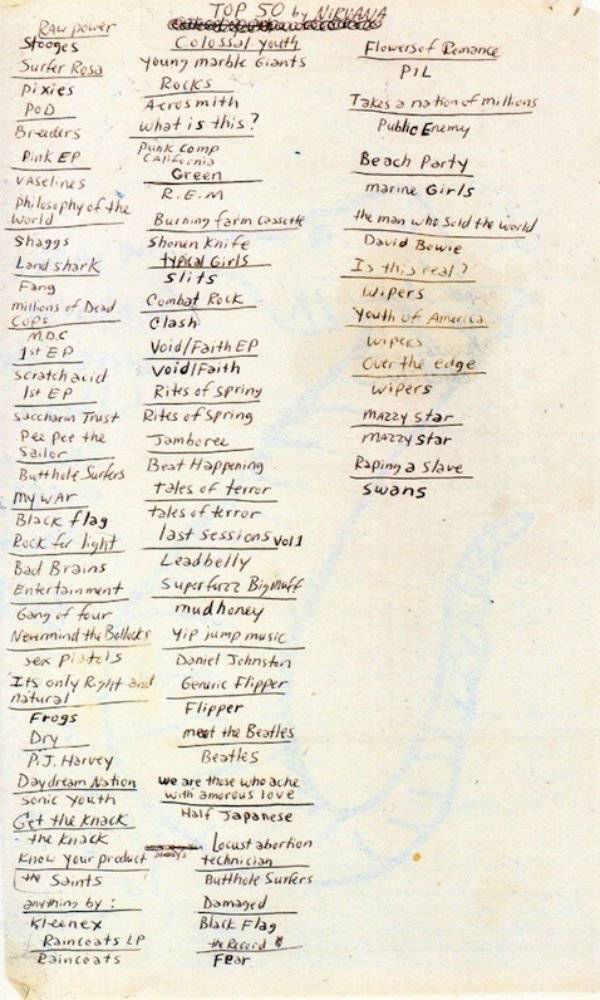 Kurt Cobain handwritten list of his top 50 albums