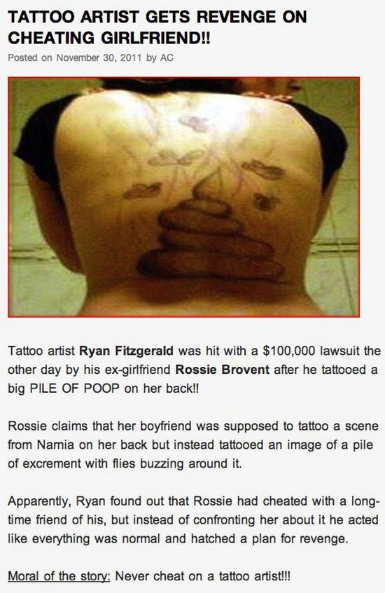 hol the fuck up - Tattoo Artist Gets Revenge On Cheating Girlfriend!! Posted on by Ac Tattoo artist Ryan Fitzgerald was hit with a $100,000 lawsuit the other day by his exgirlfriend Rossie Brovent after he tattooed a big Pile Of Poop on her back!! Rossie 