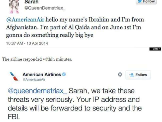Dutch Girl Arrested for American Airlines Threat: "Hello my name's Ibrahim and I'm from Afghanistan. I'm part of Al Qaida and on June 1st I'm going to do something really big bye." was the tweet sent by 14-year-old Sarah, @QueenDemetriax_ on Twitter, in April 2014, supposedly as a joke. The folks over at @AmericanAir however were not laughing and quickly responded by saying, "@QueenDemetriax_ Sarah, we take these threats very seriously. Your IP address and details will be forwarded to security and the FBI."
What followed, before the account was suspended, was the complete implosion of the so-called joke and an insane freak out by the Dutch teen. After pleading that she's "just a girl" and vowing not to tell her parents about her momentary lapse in sanity, Sarah later turned herself into police where she was charged with posting a false or alarming announcement.