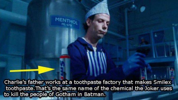 toothpaste factory charlie and the chocolate factory - Menthol Charlie's father works at a toothpaste factory that makes Smilex toothpaste. That's the same name of the chemical the Joker uses to kill the people of Gotham in Batman.