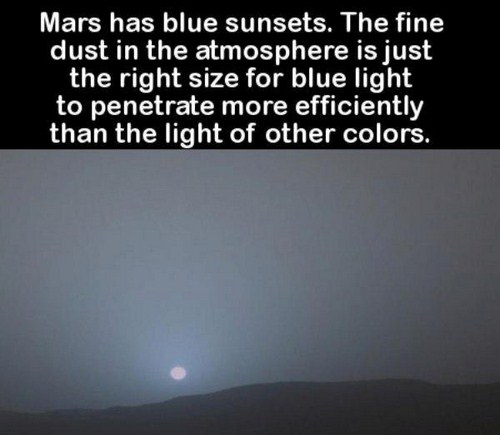 atmosphere - Mars has blue sunsets. The fine dust in the atmosphere is just the right size for blue light to penetrate more efficiently than the light of other colors.